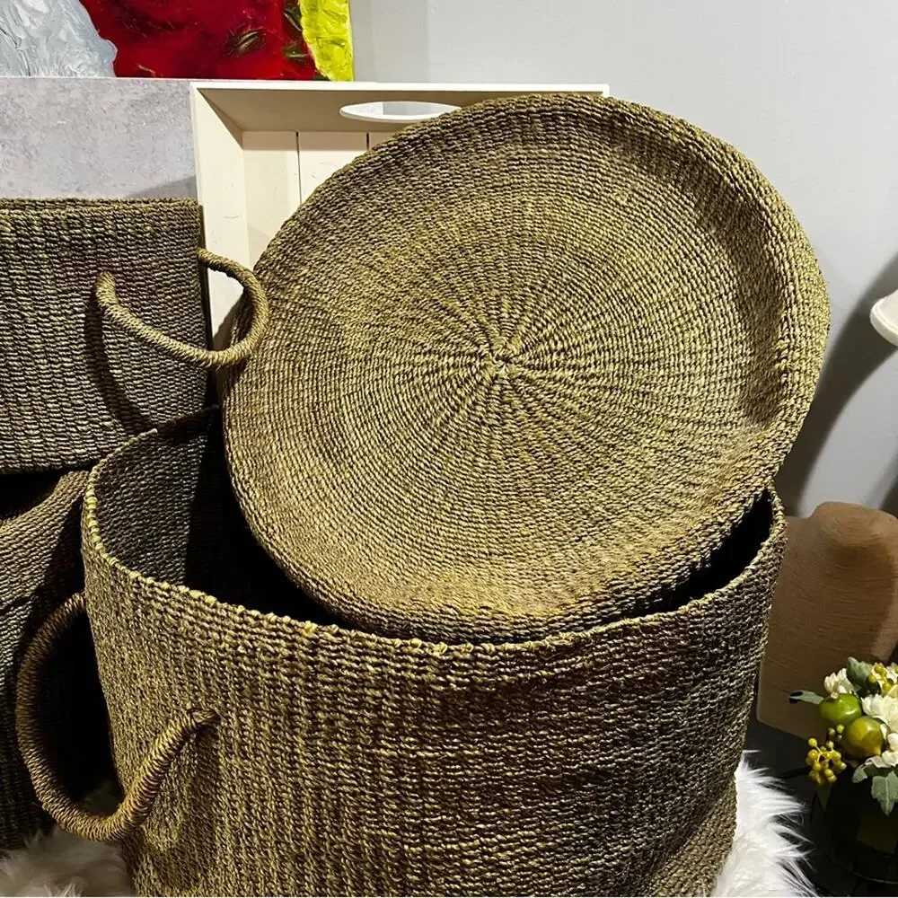 NEW Pottery Barn Round Woven Floor Nesting Storage Baskets Raffia Wicker LG Set